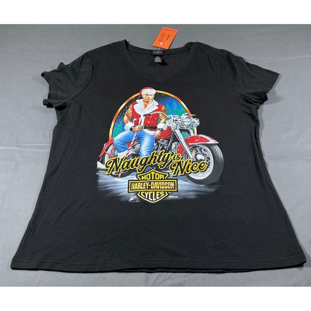 Harley-Davidson Womens Naughty is Nice Santa Biker Graphic T-Shirt Black XL NWT
